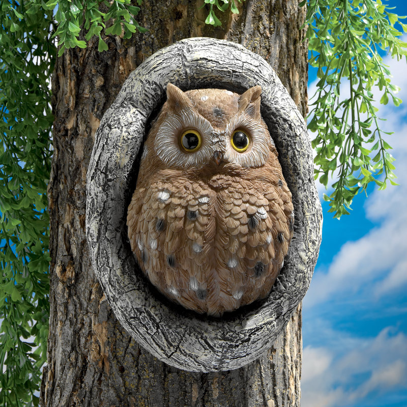 Hand-Painted Brown Resin Owl Tree Sculpture