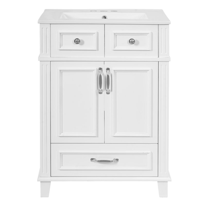 Meuble-lavabo de salle de bain avec lavabo en céramique, armoire de rangement en bois massif avec portes à fermeture douce, style rétro