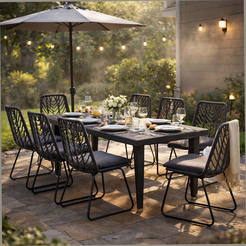 Ensemble de salle à manger 9 pièces en osier pour l'extérieur, grande table moderne en rotin de 73,50 po et chaises pour 8 pour patio, terrasse, cour arrière, porche, brun et noir