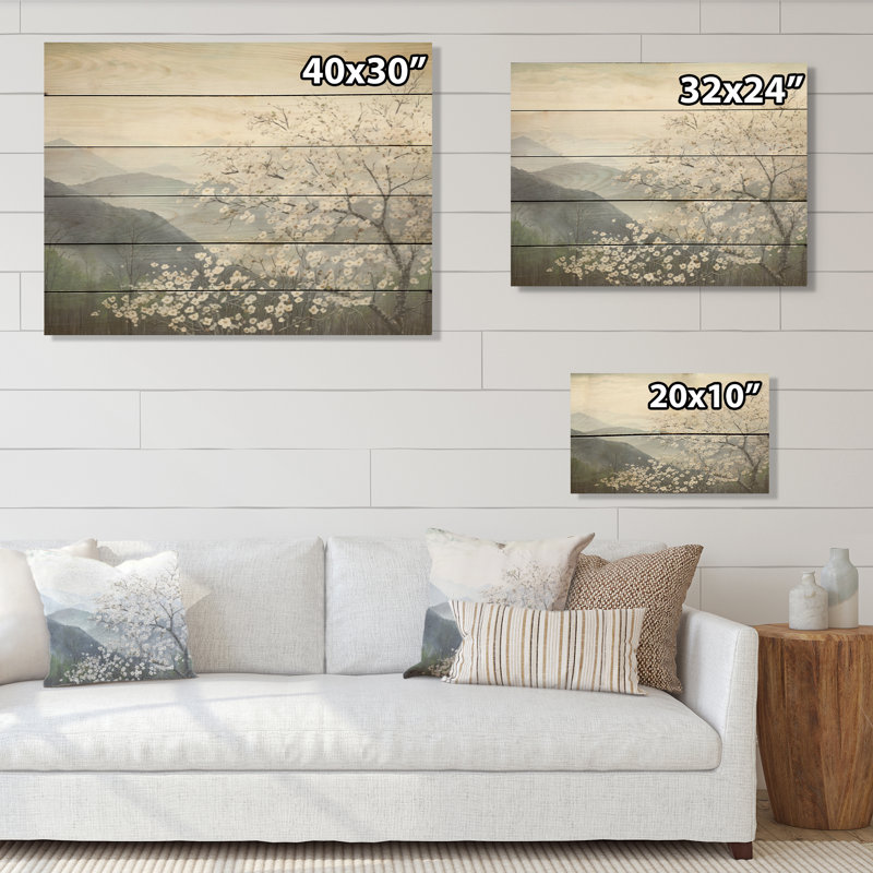 Japan Dogwood Flowers Hill - Flowers Wood Wall Art On Natural Pine Wood, 10" H x 20" W