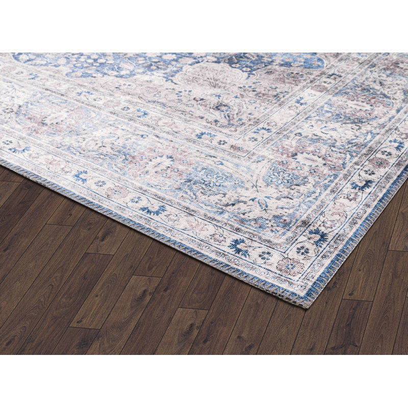Tapis traditionnel bleu et beige Devendr, Rectangle 7 pi 9 po x 10 pi 2 po