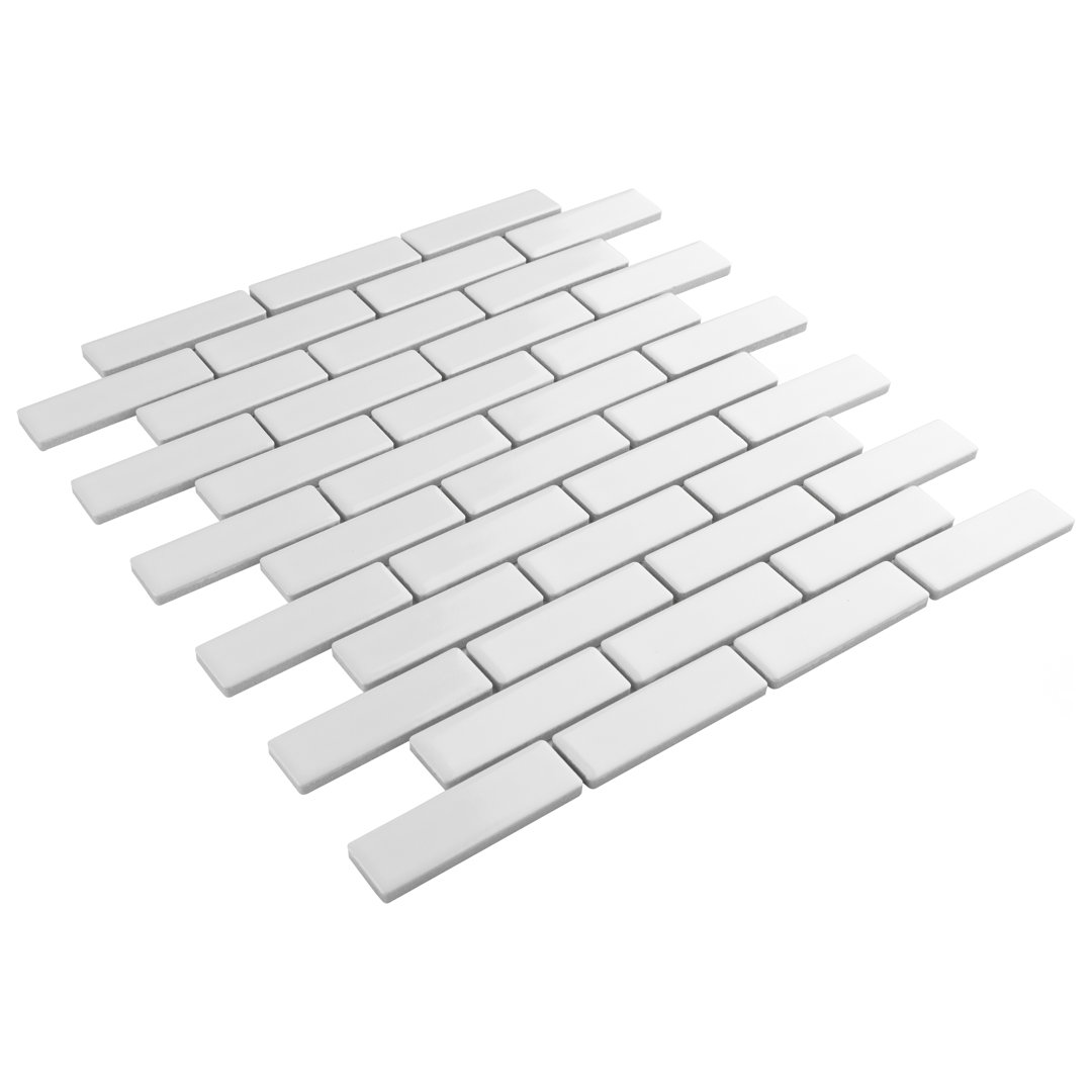Metro Brick Subway Glossy White 10-1/4" x 11-1/2" Porcelain Mosaic Floor and Wall Tile Merola Tile
