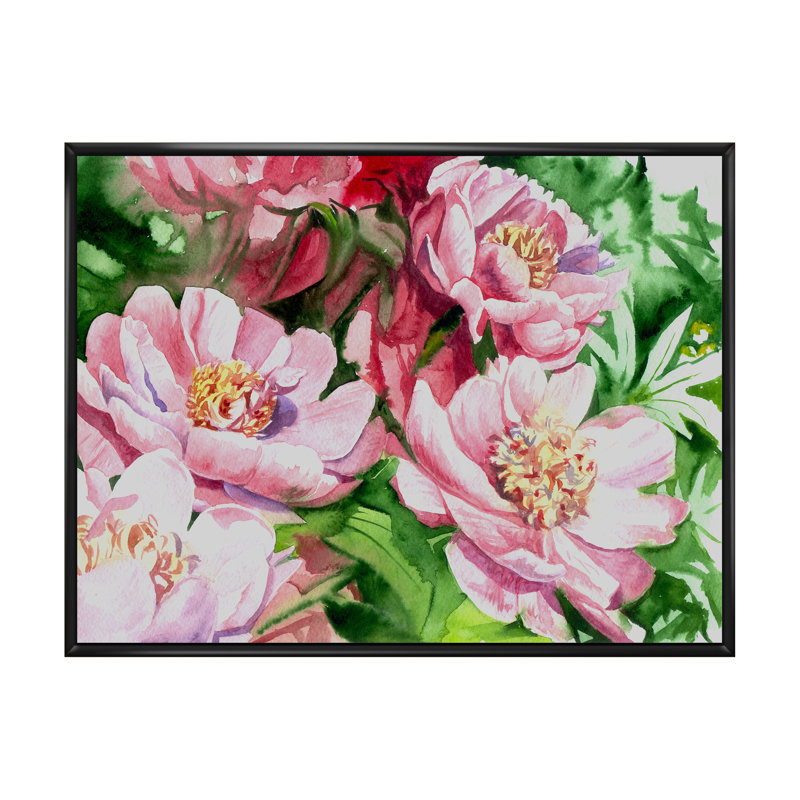 Aquarelle, pivoines roses, reproduction sur toile flottante, H 24 po x l 36 po x P 1 po, Cadre flottant noir