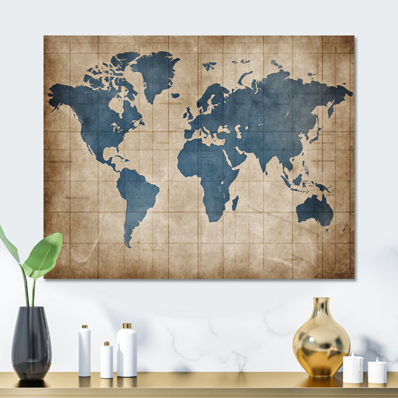 Ancienne carte du monde II - impression de carte du monde sur métal, H 12 po x l 20 po