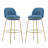 Rio Claro Indoor Metal Upholstered Barstool, Gold Finished Frame And Blue Upholstery, Set Of 2