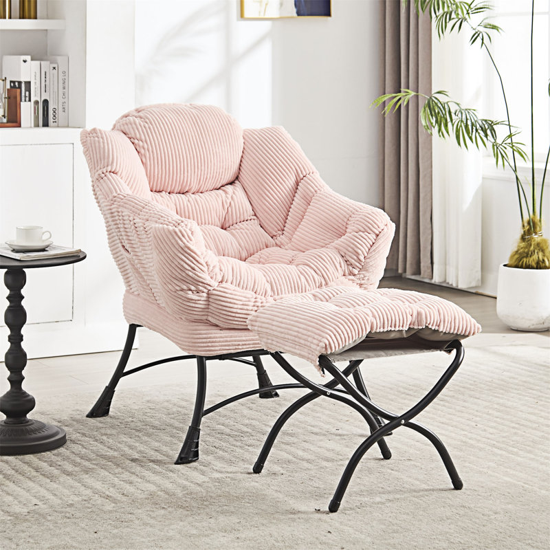 Modern Soft And Comfortable Accent Chair With Ottoman, Armrests And Side Pocket For Small Spaces, Pink Corduroy Duplicate