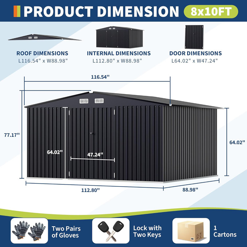 8x10 FT Metal Storage Sheds Outdoor, Tool Shed with Lockable Door, Metal Yard Sheds Garden Shed Kit, Black