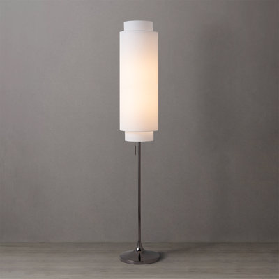 Modern Floor Lamp with Double Linen Shade, Black Nickel Finish, Pull Chain On/Off Switch, Tubular Minimalist Floor Lamp for Living Room & Bedroom