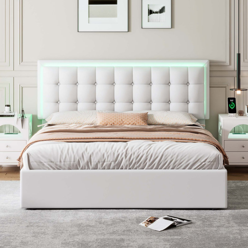 Lit plateforme avec rangement en cuir Duchesne, Blanc