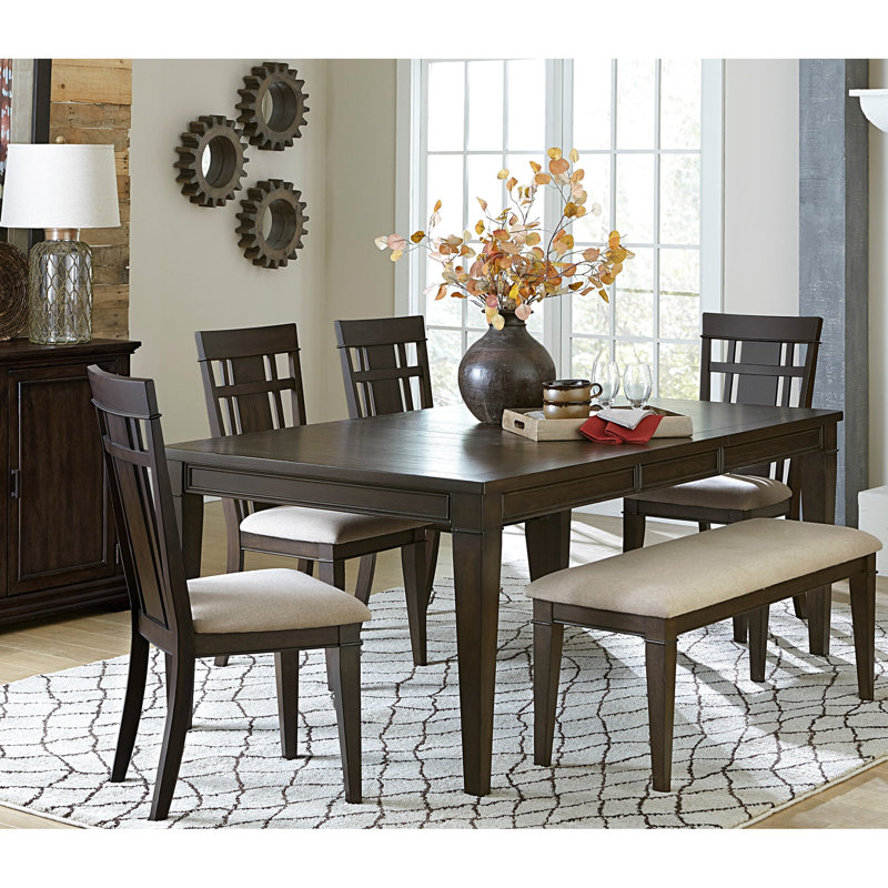 Dining Bench In Dark Brown With 48-Inch Seat And Beige Upholstered Pattern Fabric For Durableness