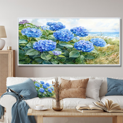 Hydrangeas In The Coastal Garden I - Hydrangea Framed Canvas Print