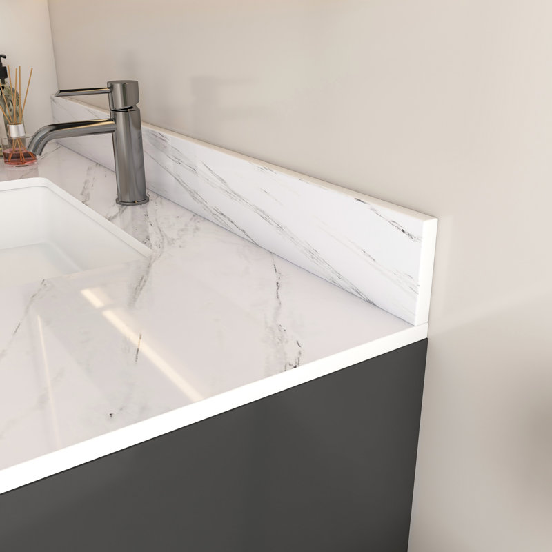 43 Inch Marble Vanity Top, White Vanity Top With 1 Pre-Drilled Faucet Holes, Bathroom Vanity Top With Undermount Rectangular Middle Sink And 4" Height Backsplash