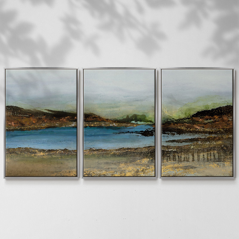 Lakeside - 3 pièces, reproduction encadrée sur toile, H 40 po x l 78 po x P 2 po, Encadrement argenté