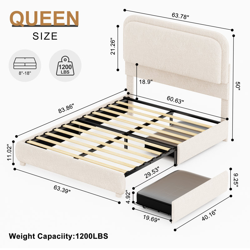 Queen Cream Boucle Platform Bed Frame with LED and Storage Drawers