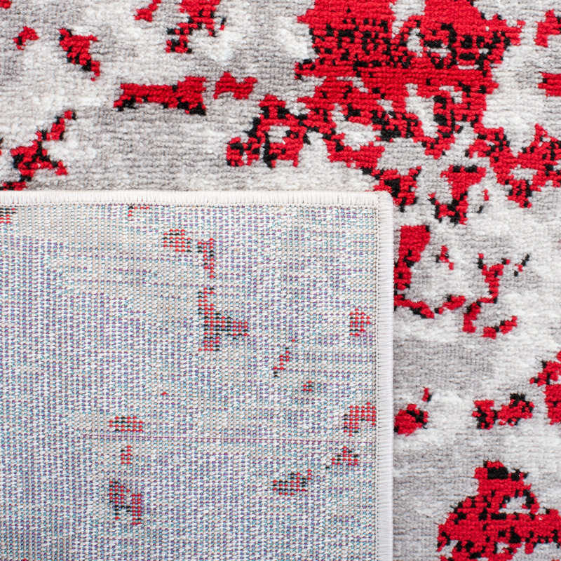 Tapis gris / rouge à motif abstrait, Carré 6 pi 7 po