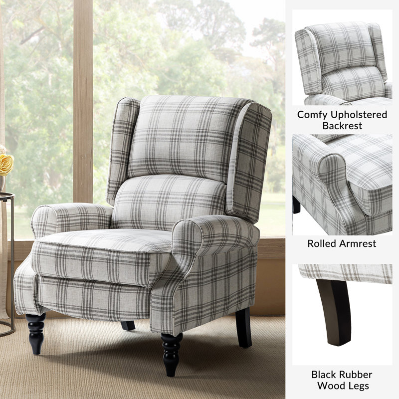 Plaid Gray Wingback Recliner with Manufactured Wood Frame