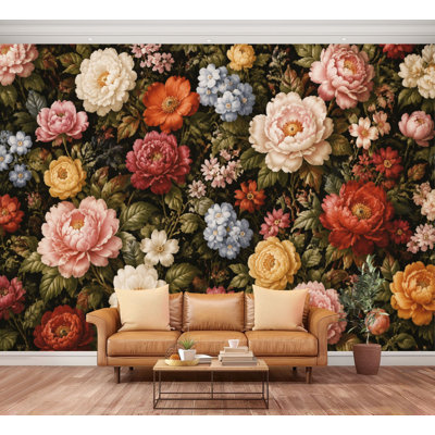 Wall Mural Peel and Stick Vintage Floral Colorful Roses Peonies Dark Large Wallpaper Self-Adhesive Removable Contact Paper Wall Decor for Living Room Bedroom Nursery 100"H x 144"W