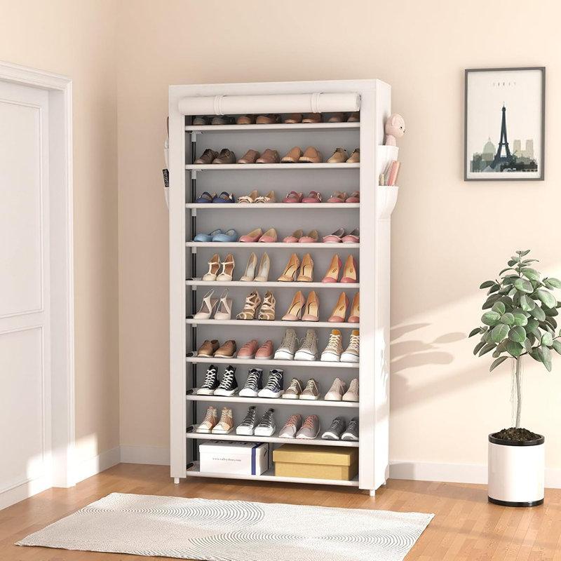 Range-chaussures blanc à 10 niveaux avec housses - Grand organisateur autoportant pour 50 à 55 paires dans le placard, le vestibule ou la chambre à coucher
