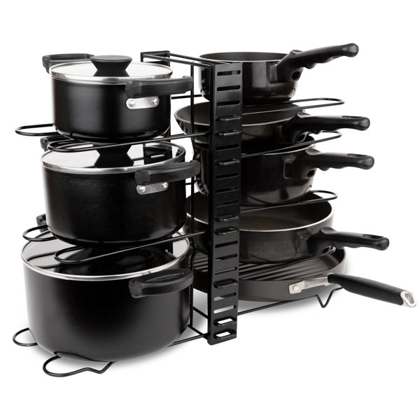 Heavy Duty Pots and Pans Organizer - For Cast Iron Skillets, Pots, Frying  Pans, Lids | 5-Tier Durable Steel Rack for Kitchen Counter & Cabinet  Storage