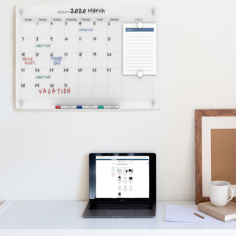 Ultra White 24" x 36" Magnetic Glass Dry Erase Calendar Board