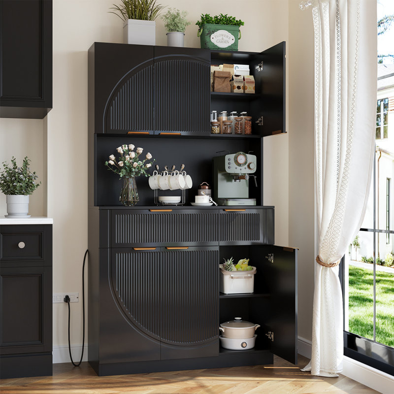 Armoire de garde-manger pour le salon, armoire de rangement pour garde-manger de 71 po avec tiroirs et portes, armoire à huche avec support pour micro-ondes et prises de courant, noir