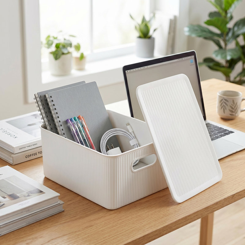 Panier en plastique nervuré, 2, Blanc, H 6,25 po x l 11,5 po x P 15 po