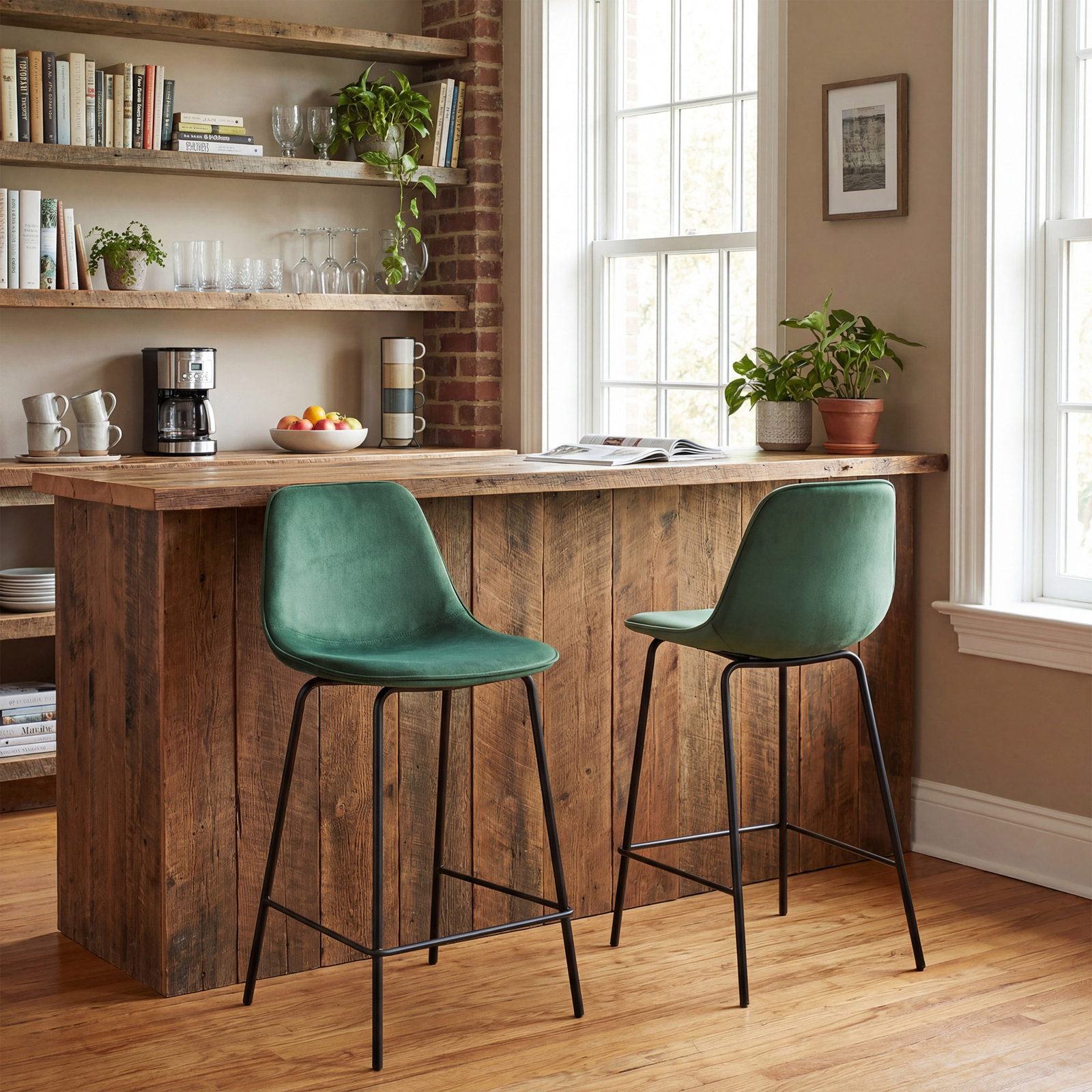 Kavi Bar Stool, Emerald Velvet, Counter Stool (24" Seat Height)