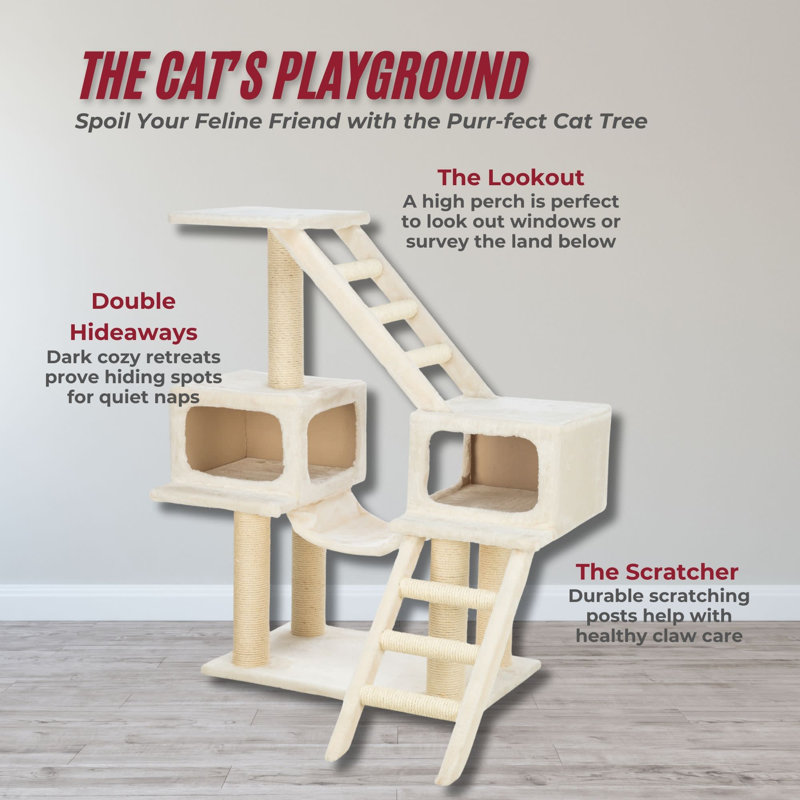 Beige Sisal 3-Level Cat Tree with Hammock and Condos