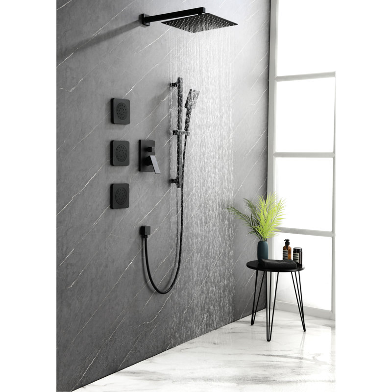 Shower System Matte Black Design. Head, Hand Shower, Slide Bar, Bodysprays, Arm, Hose, Valve Trim, Lever Handles. Rainfall Simulation. Wall Mounted. Brass Package With Smooth Water Output. .
