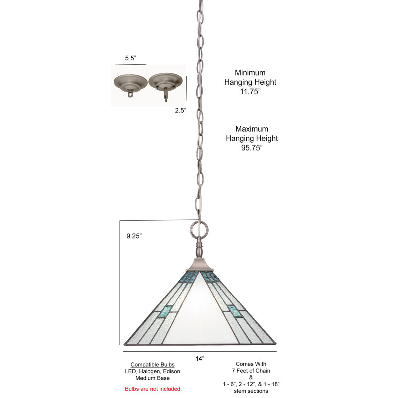 Luminaire suspendu à chaîne avec monture carrée, fini nickel brossé avec verre d'art 14 po Sky Ice