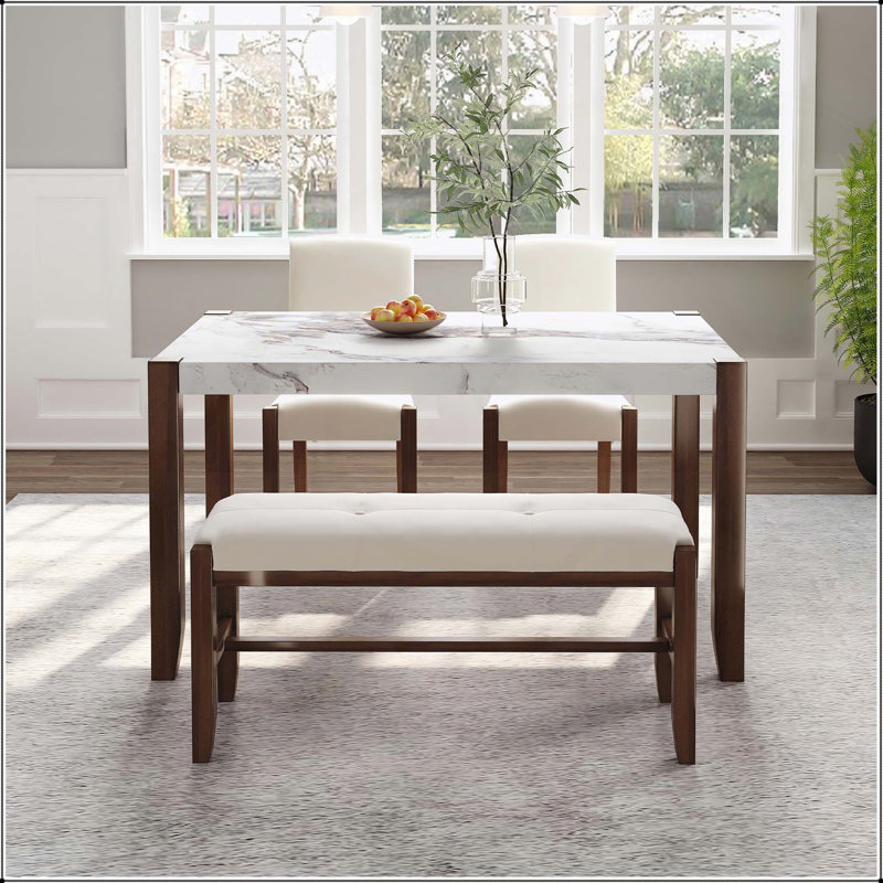 Ensemble de mobilier de salle à manger moderne 4 pièces avec table en faux marbre et chaises et banc rembourrés, conception peu encombrante pour la cuisine et la salle à manger