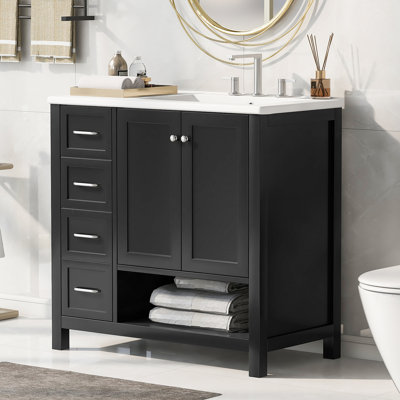 36" Bathroom Vanity With Sink Top, Bathroom Vanity Cabinet With Two Doors And Two Drawers, Solid Wood, Open Shelf, MDF Boards