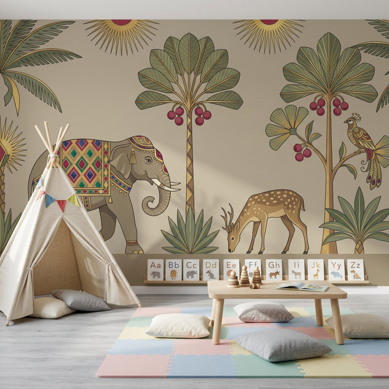 Papier peint décoratif éléphant sur fond beige, 160 po x 108 po, Non tissé
