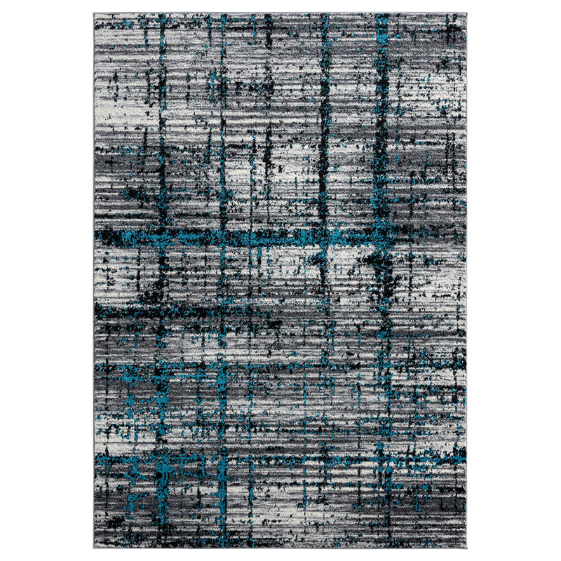 Tapis géométrique gris / bleu, Rectangle 5 pi 3 po x 7 pi 7 po