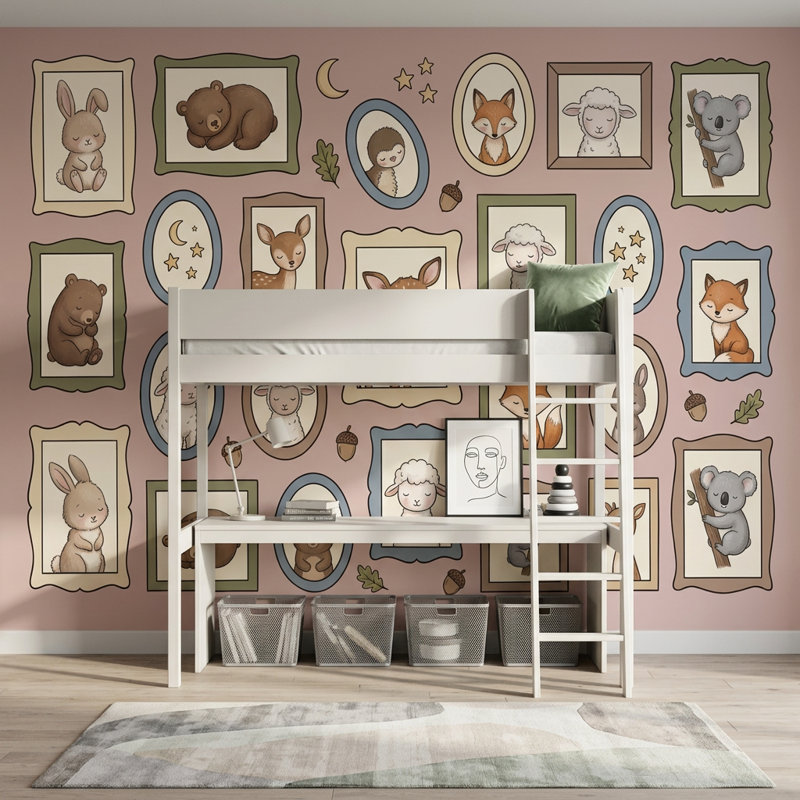 Papier peint de chambre de bébé animaux de la forêt, 100 po x 96 po, Peler et coller