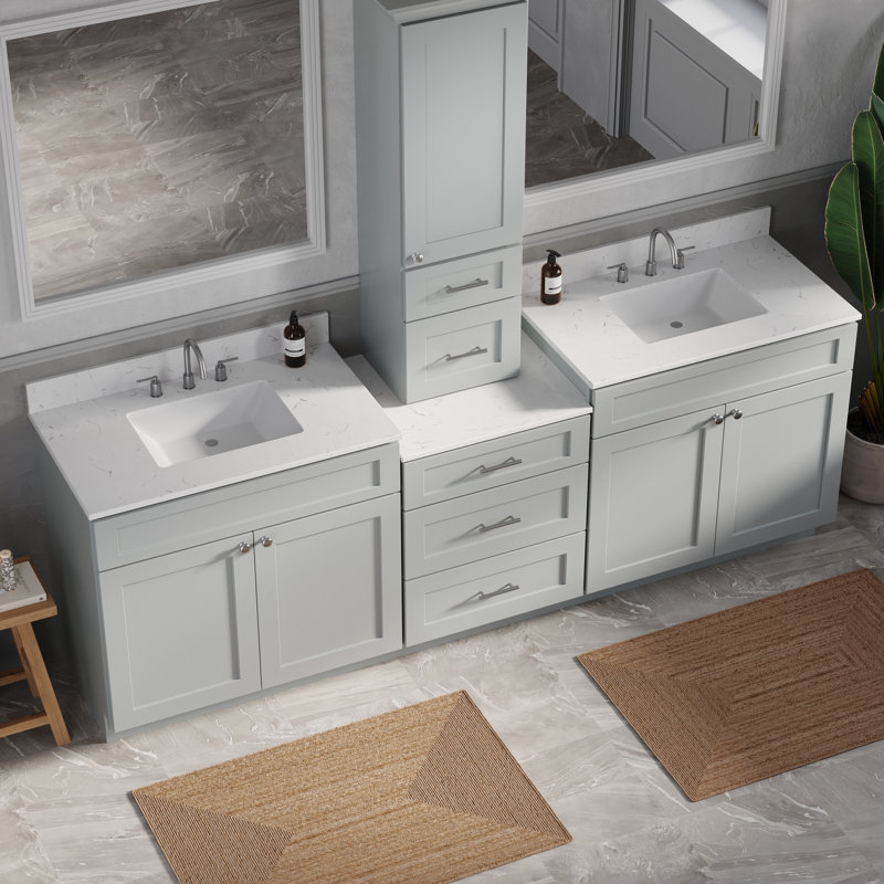 Meuble-lavabo double 96 po avec comptoir en bois massif et comptoir, Gris