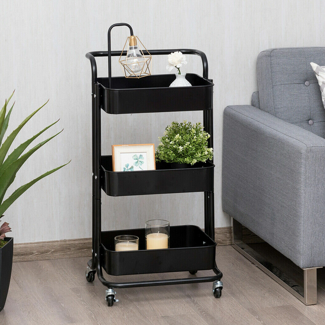 3-Tier Utility Cart with Steel Frame and Four Wheels - Costway