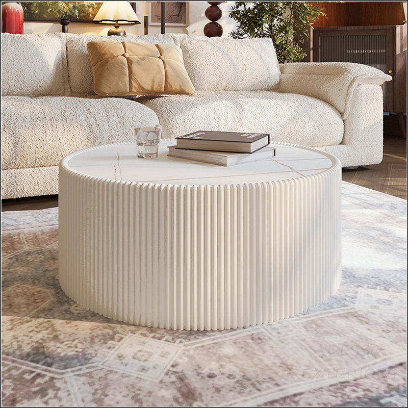 Table basse cylindrique avec plateau en pierre frittée et similicuir, motif doré, H 14,56 po x L 29,52 po x l 29,52 po