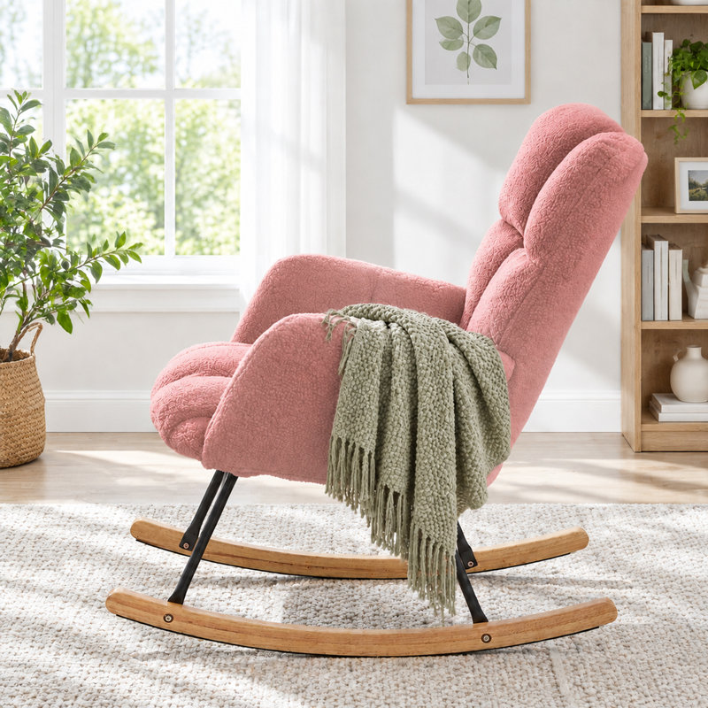 Chaise berçante Teddy, structure en métal, pieds en bois d'hévéa, capuchon de 300 lb, salon, Rose