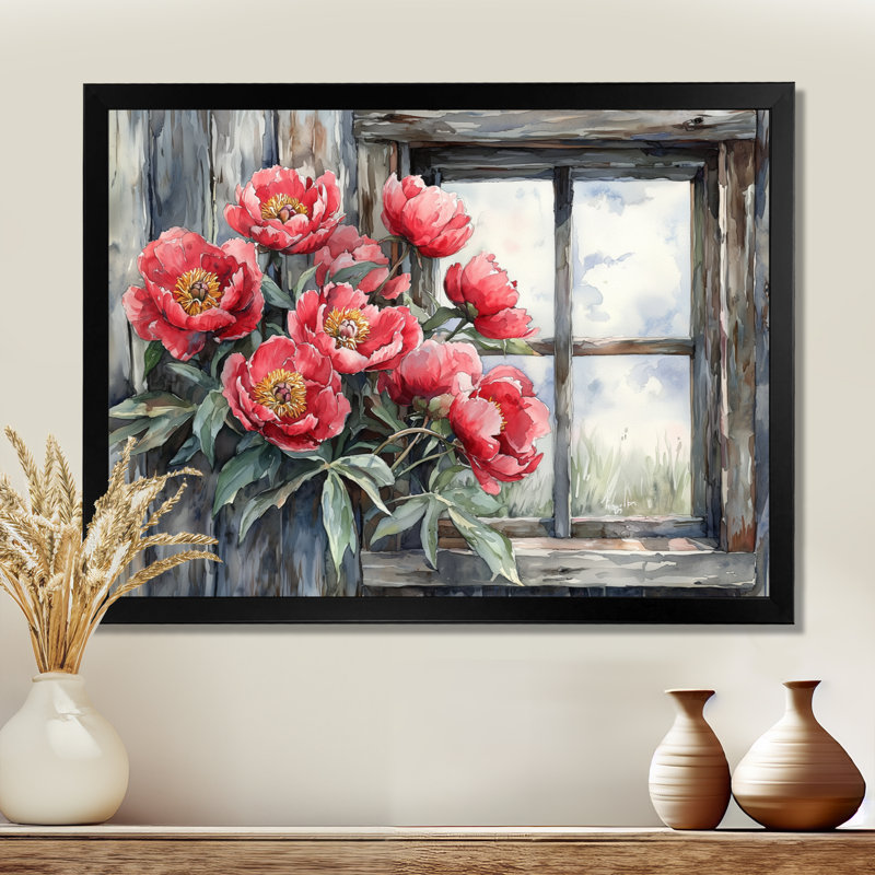 «Dontarious Pe pivons At The Barn Window I», art mural pivoines, Reproduction encadrée d'une seule photo, H 30 po x l 40 po