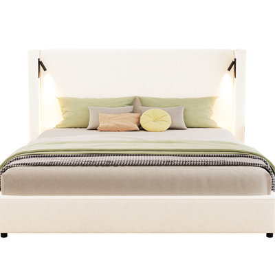 Beige King Size Upholstered Bed With High Wingback Headboard, Reading Lamp And , Comfort Foam, Wood Slats, Fast Installation For Bedroom - Sized, Beige, Frame, Wingback, Easy Assembly