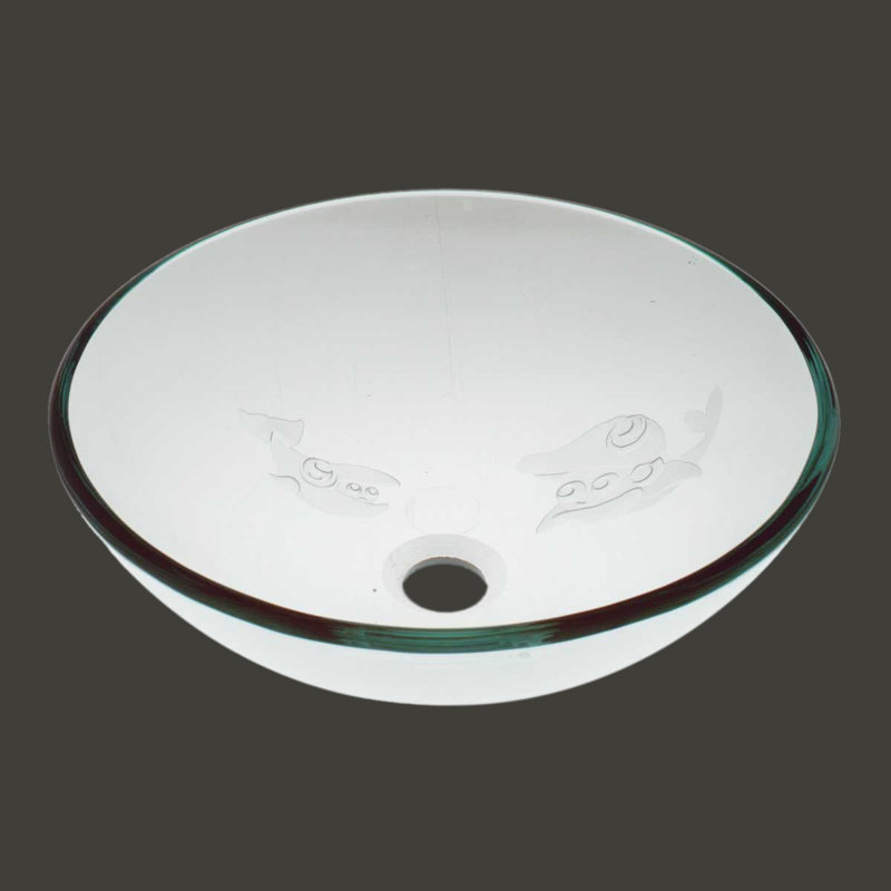 16.5'' Clear Frosted Glass Vessel Bathroom Sink with Etched Fish