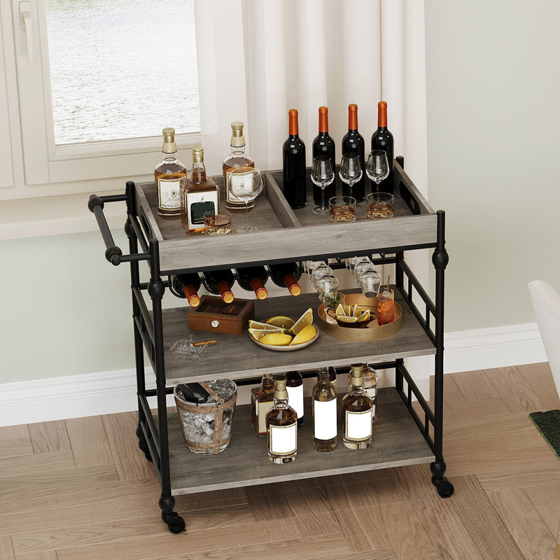 3-Tier Rolling Bar Carts with Wine Rack and Glass Holder, Mobile Serving Cart for Kitchen, Living Room, Dining Room, Stylish Beverage Cart for Entertaining, Storage, Home Decor