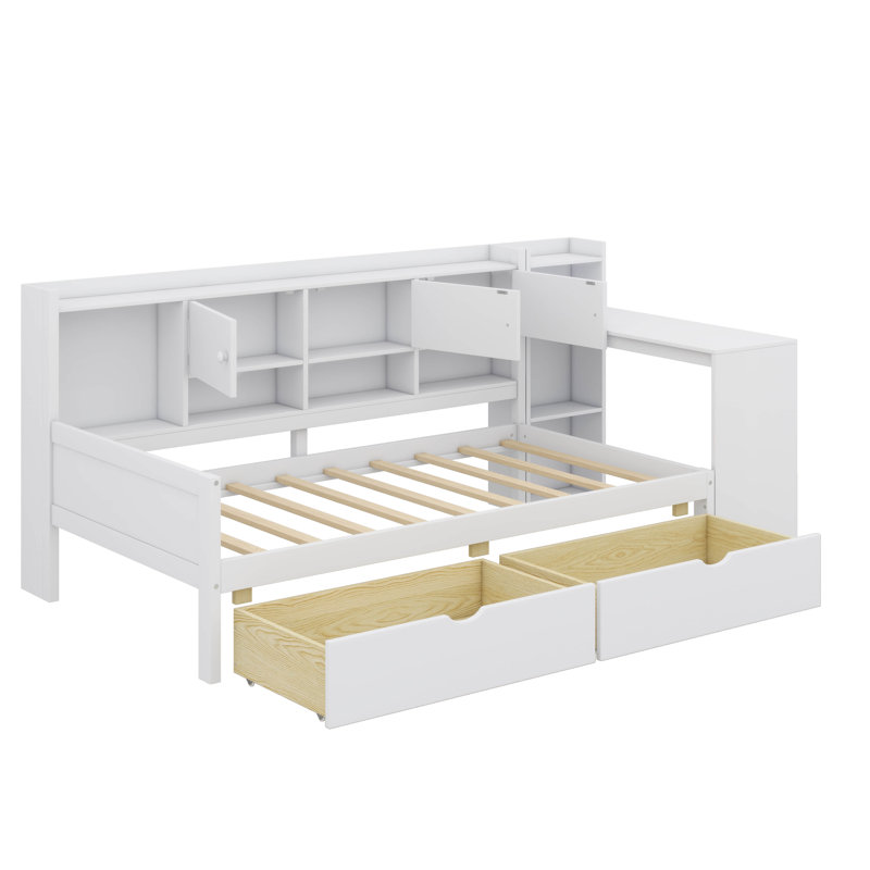 Lit de jour en bois en L avec sept armoires de rangement et deux tiroirs, lit multifonctionnel avec table d'étude, Lit simple