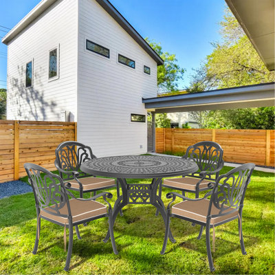 5-Piece Set Of Cast Aluminum Patio Furniture With Brown Cushions