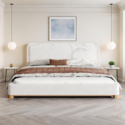 White-toned upholstered bed frame for bedroom, boucle curved headboard with solid wood base, California king size