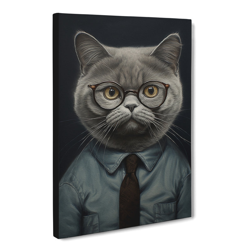 British Shorthair Cat with Glasses Painting - Wrapped Canvas, 60cm H x 40cm W x 3cm D