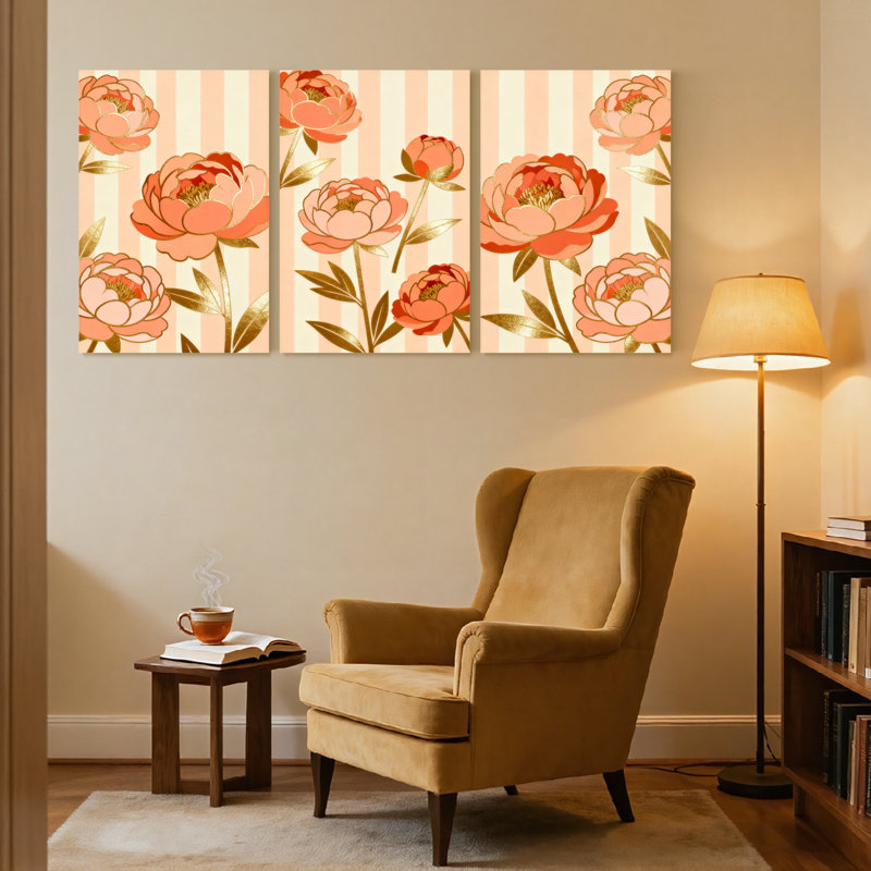 Plantes et fleurs pivoines sur fond rayé avec feuilles dorées, ensemble de 3 impressions sur toile, H 24 po x l 48 po