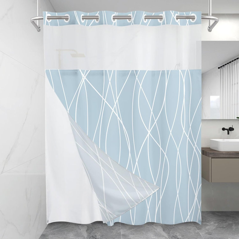 No Hook Light Blue Striped Shower Curtain With Snap In Fabric Liner Set - Hotel Shower Curtain And Liner Set With See Through Mesh Top Window,Machine Washable, 71X74 INCH