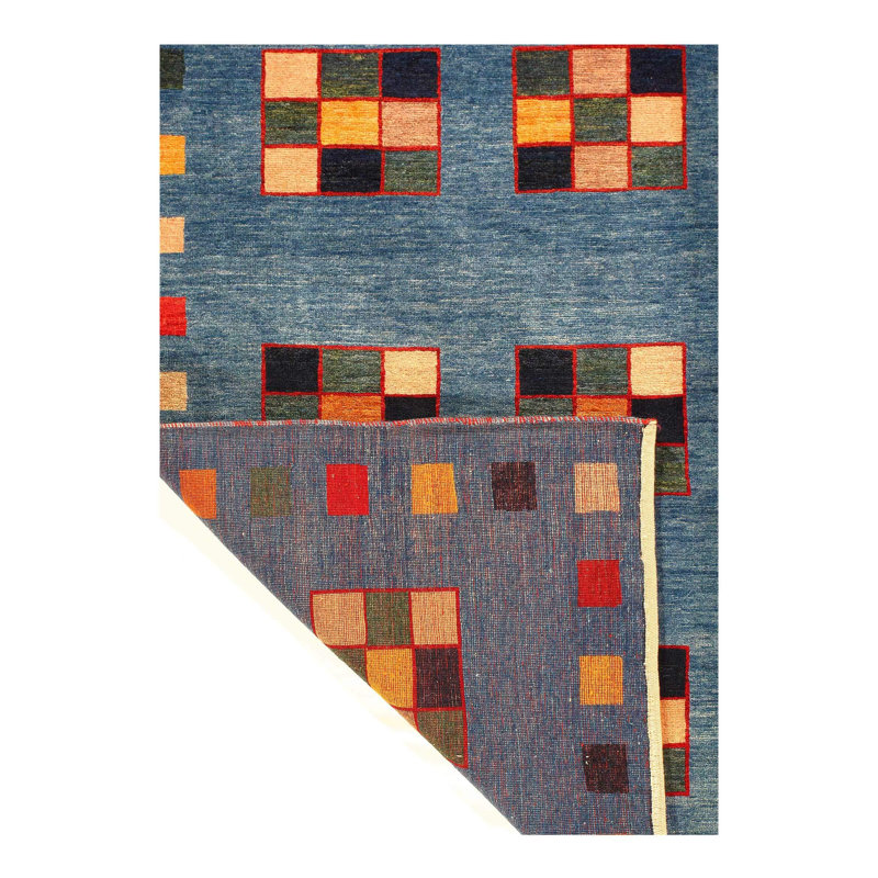 Tapis jaune / bleu à motif géométrique fait à la main 3 pi 4 po x 5 pi Lorayne